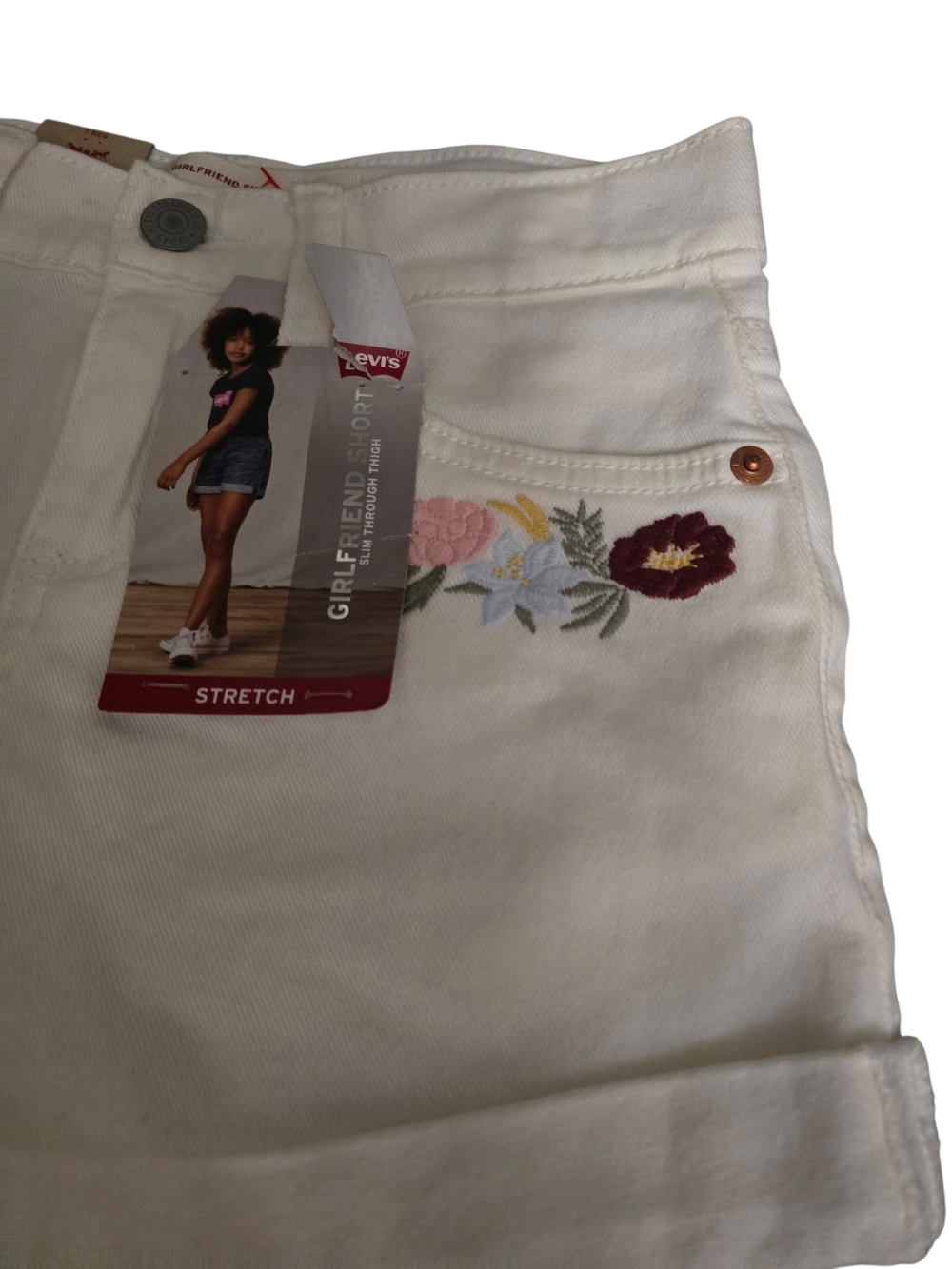 Levi's Cream Embroidered Floral Cuffed Jean Shorts - Picture 6 of 6